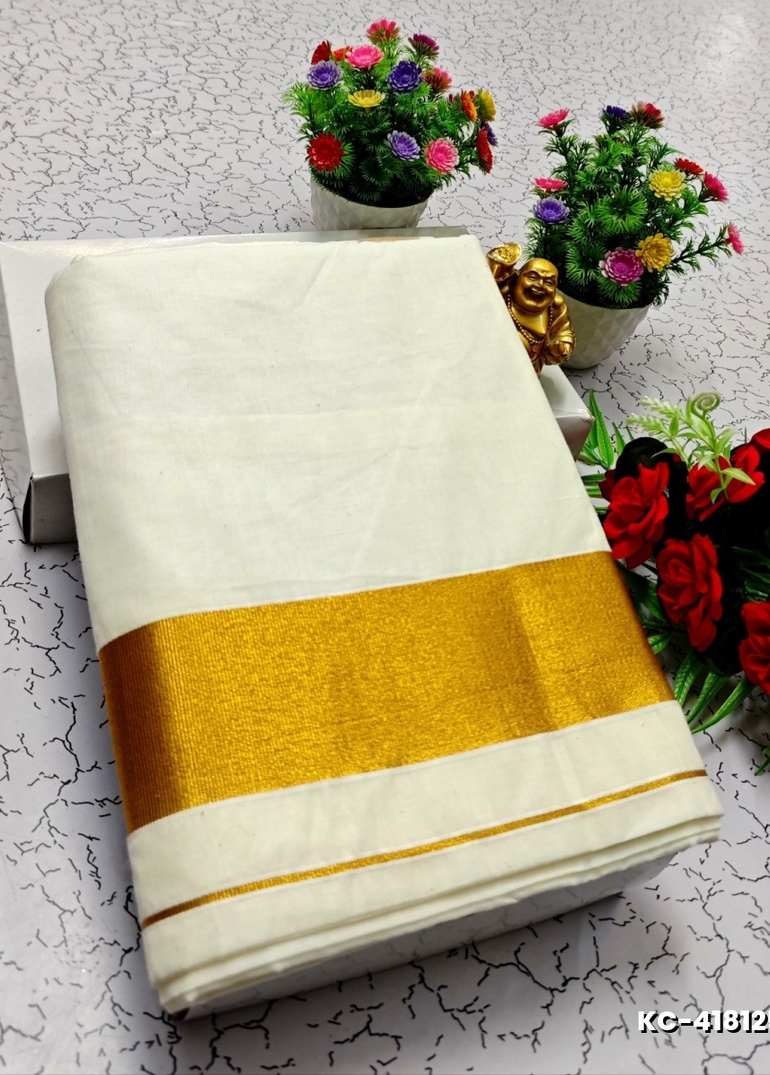 TRENDING KERALA SPECIAL FULL WORK EMBOSSED DIGITAL PRINTING COTTON  SAREE COLLECTIONS - WHITE (75)