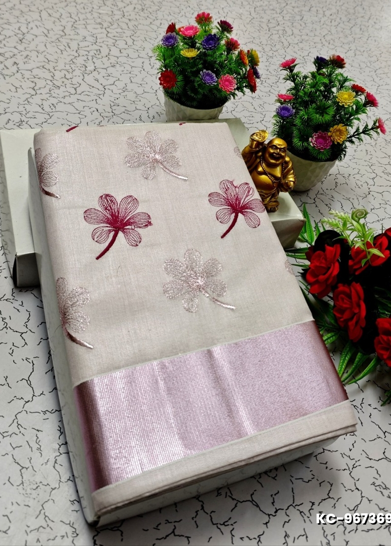 TRENDING KERALA SPECIAL FULL WORK EMBOSSED DIGITAL PRINTING TISSUE SAREE COLLECTIONS - BEIGE COLOUR (64)