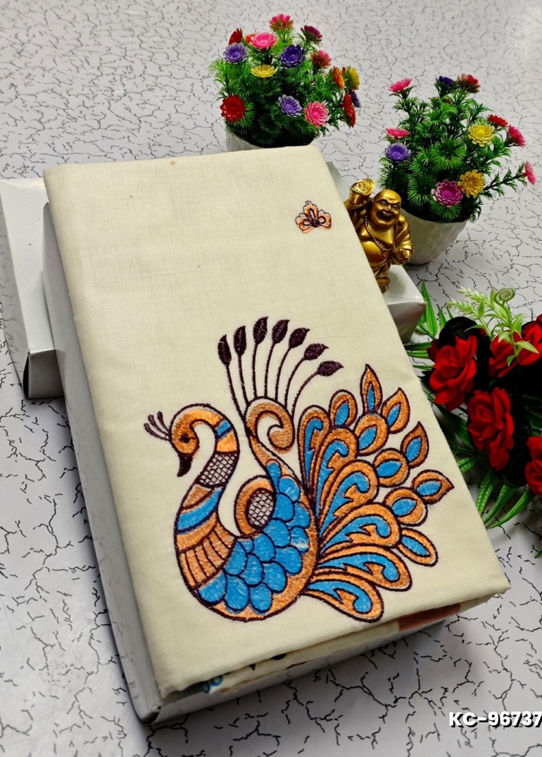 TRENDING KERALA SPECIAL FULL WORK EMBOSSED DIGITAL PRINTING COTTON SAREE COLLECTIONS - IVORY COLOUR (56)