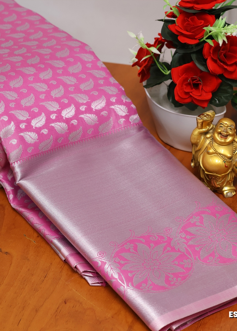 BRIDAL SILK GOLD SILVAR AND COPPER ZARI WEAVE AND WEDDING ART SILK SAREES - LIGHT PINK (6)