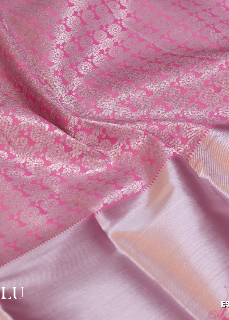 BRIDAL SILK GOLD SILVAR AND COPPER ZARI WEAVE AND WEDDING ART SILK SAREES - LIGHT PINK (6)