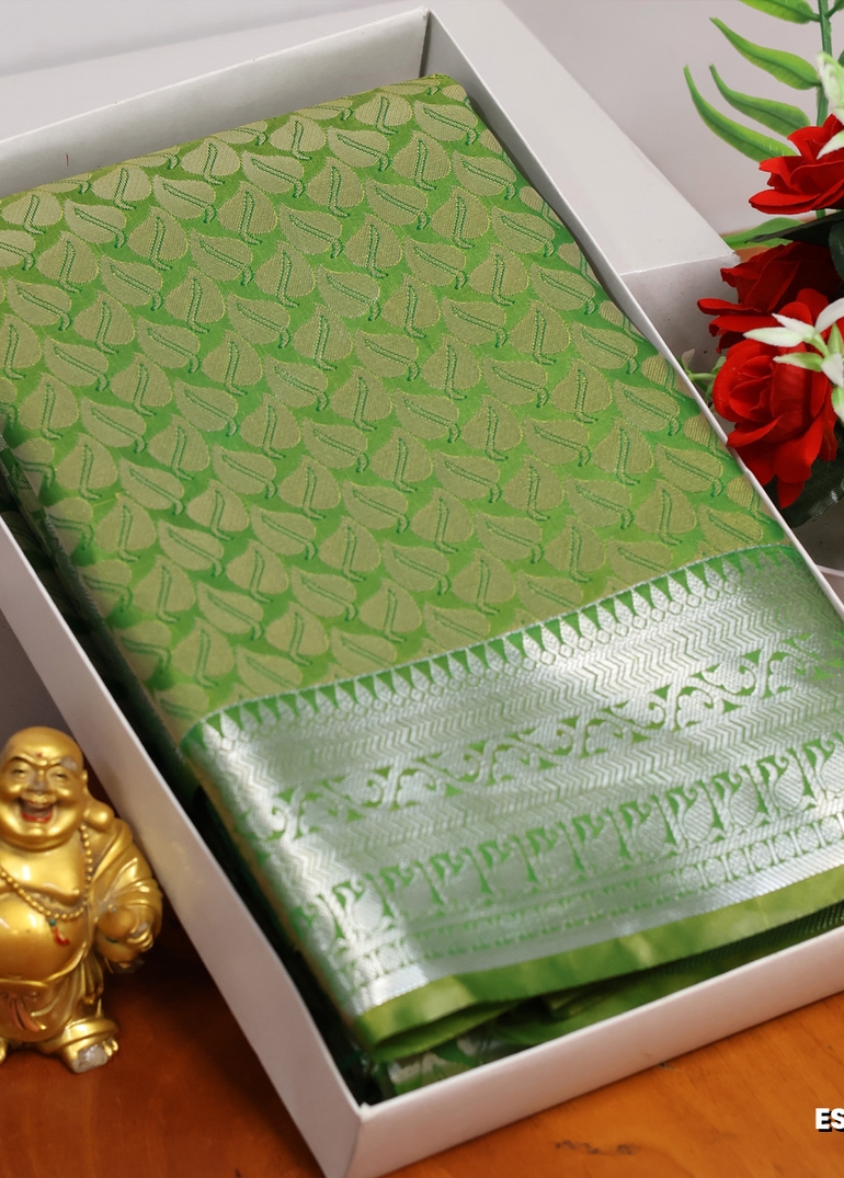 BRIDAL SILK GOLD SILVAR AND COPPER ZARI WEAVE AND WEDDING ART SILK SAREES - GREEN (1)