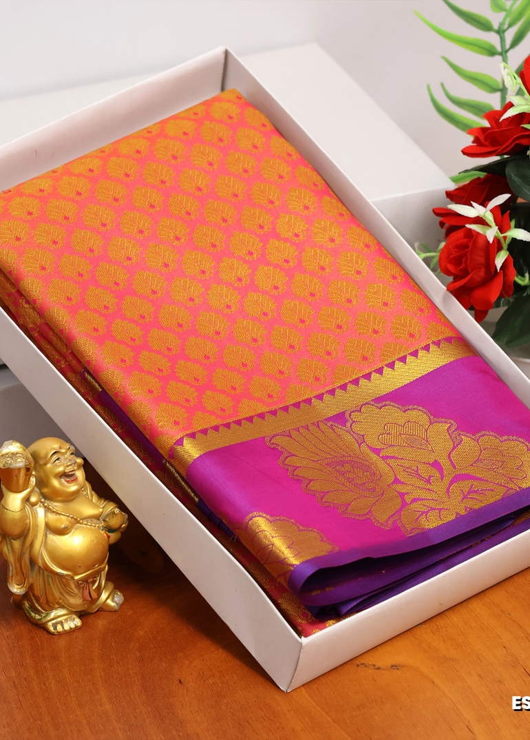 BRIDAL SILK GOLD SILVAR AND COPPER ZARI WEAVE AND WEDDING ART SILK SAREES - CORAL COLOUR (4)