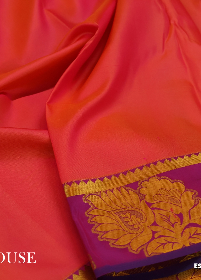 BRIDAL SILK GOLD SILVAR AND COPPER ZARI WEAVE AND WEDDING ART SILK SAREES - CORAL COLOUR (4)