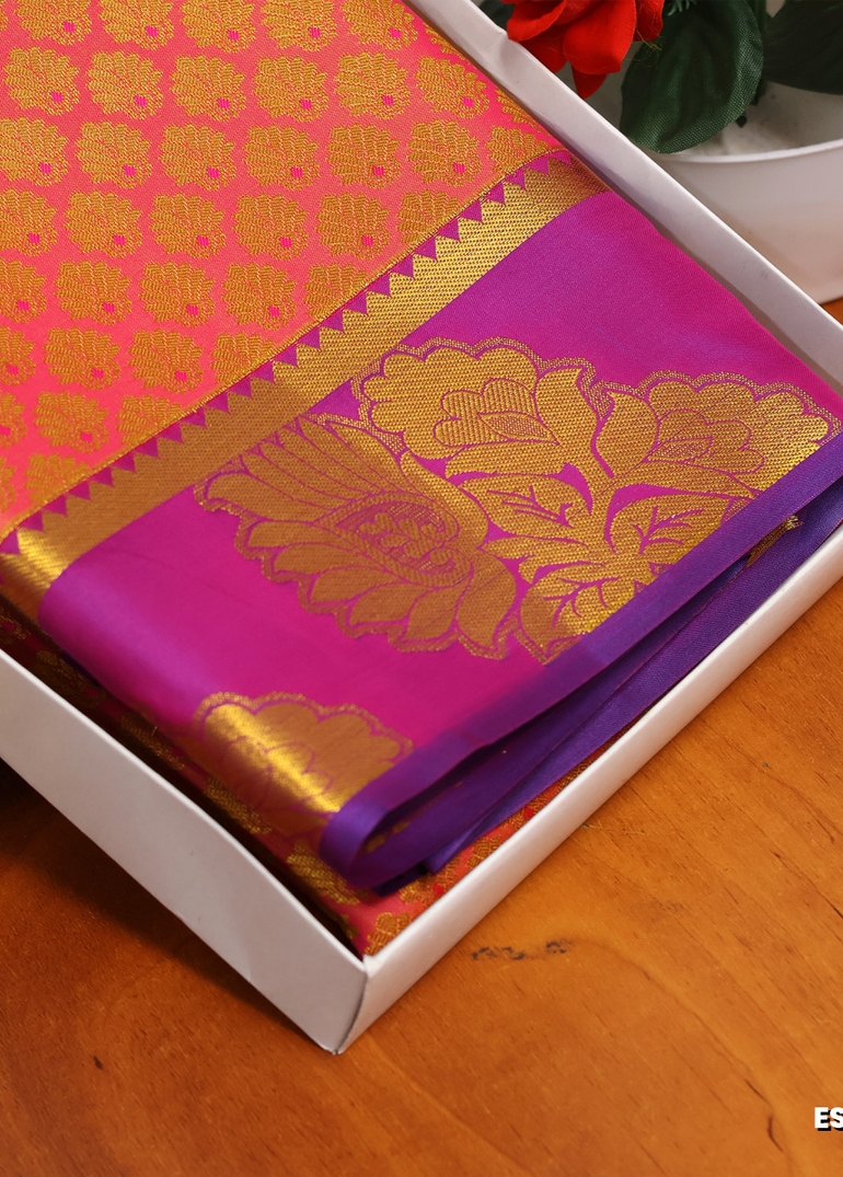BRIDAL SILK GOLD SILVAR AND COPPER ZARI WEAVE AND WEDDING ART SILK SAREES - CORAL COLOUR (4)