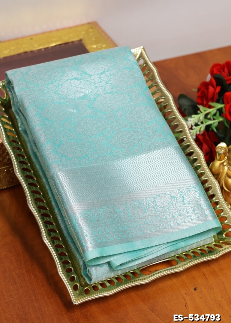 BRIDAL SILK GOLD SILVAR AND COPPER ZARI WEAVE AND WEDDING ART SILK SAREES - TURQUOISE GREEN (2)