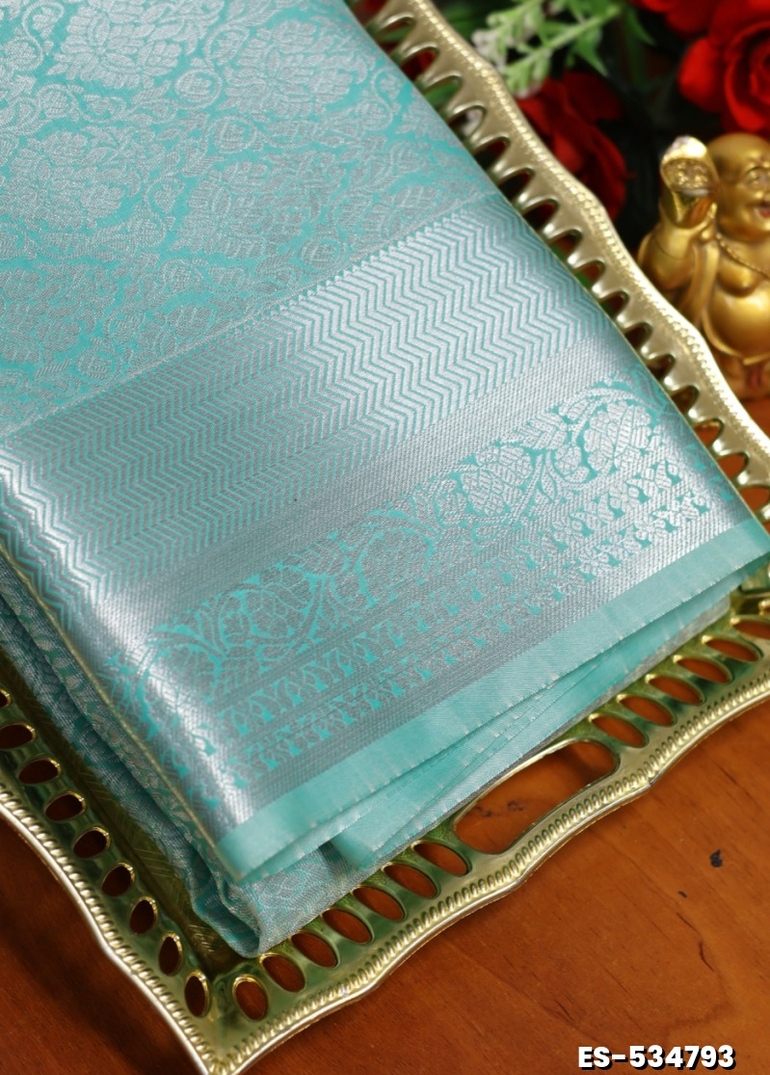 BRIDAL SILK GOLD SILVAR AND COPPER ZARI WEAVE AND WEDDING ART SILK SAREES - TURQUOISE GREEN (2)