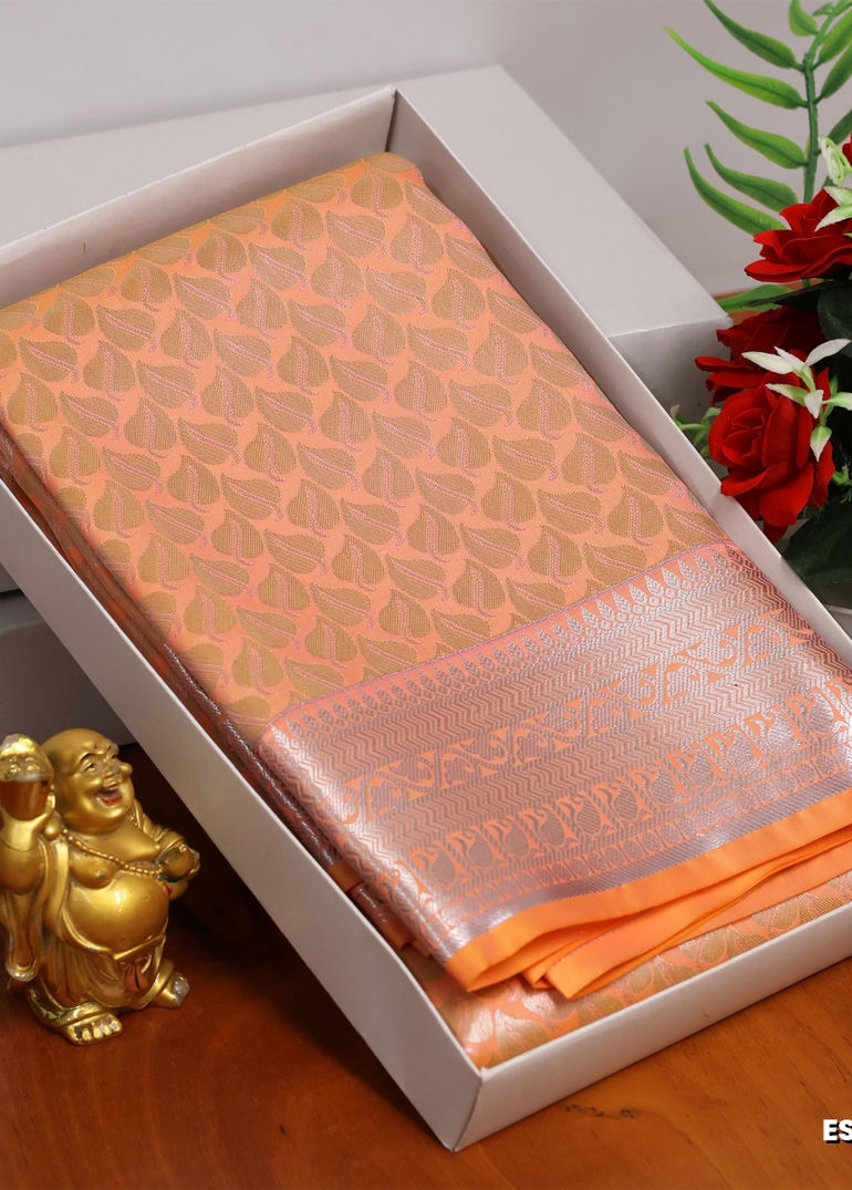 BRIDAL SILK GOLD SILVAR AND COPPER ZARI WEAVE AND WEDDING ART SILK SAREES - ORANGE N (5)