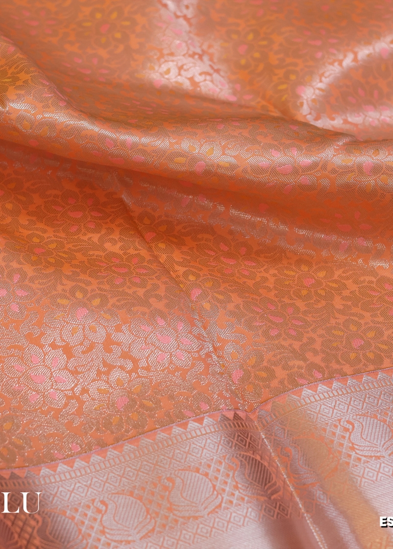 BRIDAL SILK GOLD SILVAR AND COPPER ZARI WEAVE AND WEDDING ART SILK SAREES - ORANGE N (5)