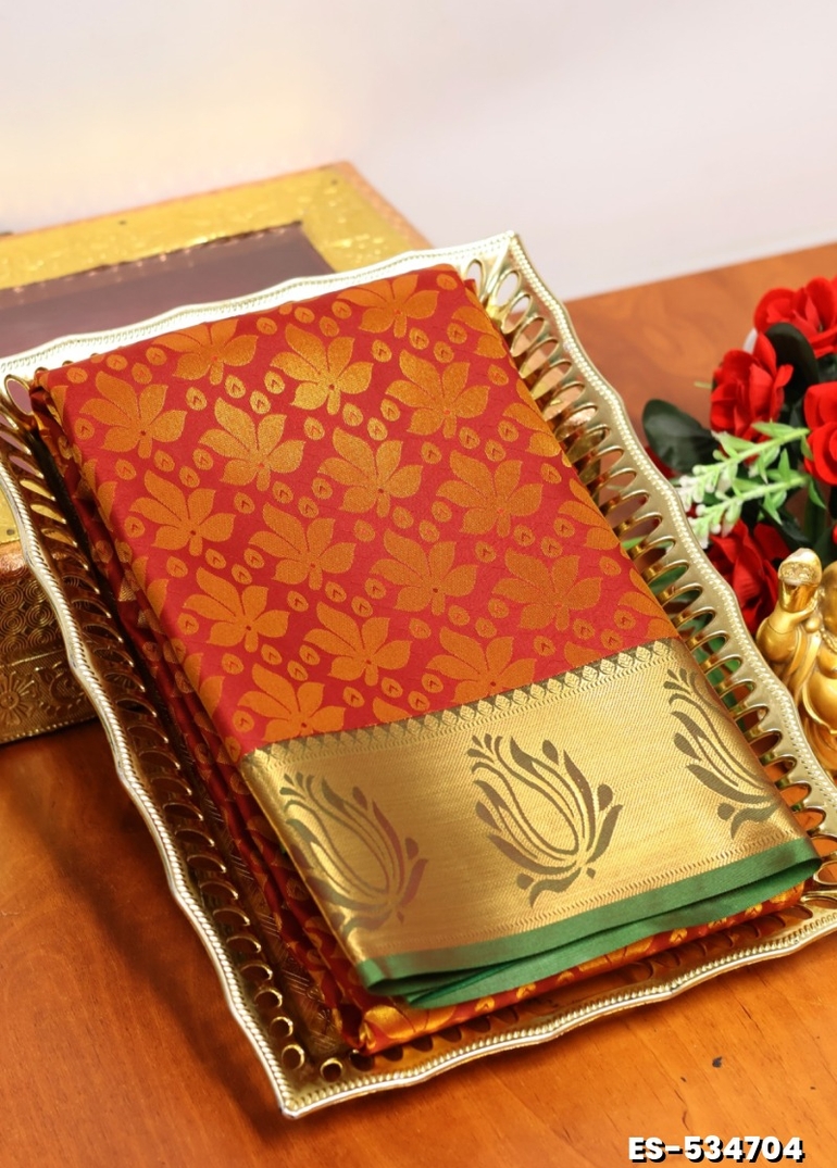 BRIDAL SILK GOLD SILVAR AND COPPER ZARI WEAVE AND WEDDING ART SILK SAREES - RED (1)