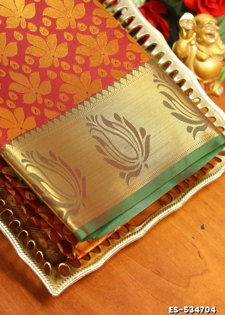 BRIDAL SILK GOLD SILVAR AND COPPER ZARI WEAVE AND WEDDING ART SILK SAREES - RED (1)