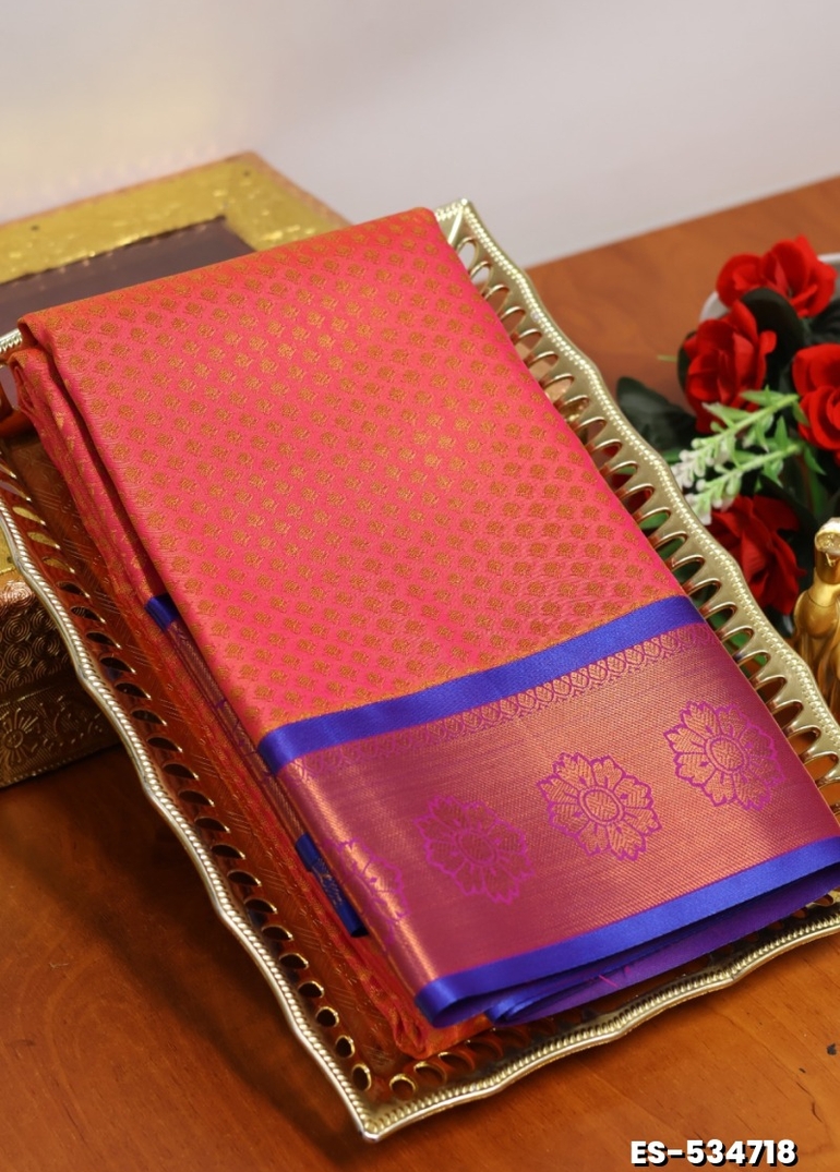 BRIDAL SILK GOLD SILVAR AND COPPER ZARI WEAVE AND WEDDING ART SILK SAREES - PEACH