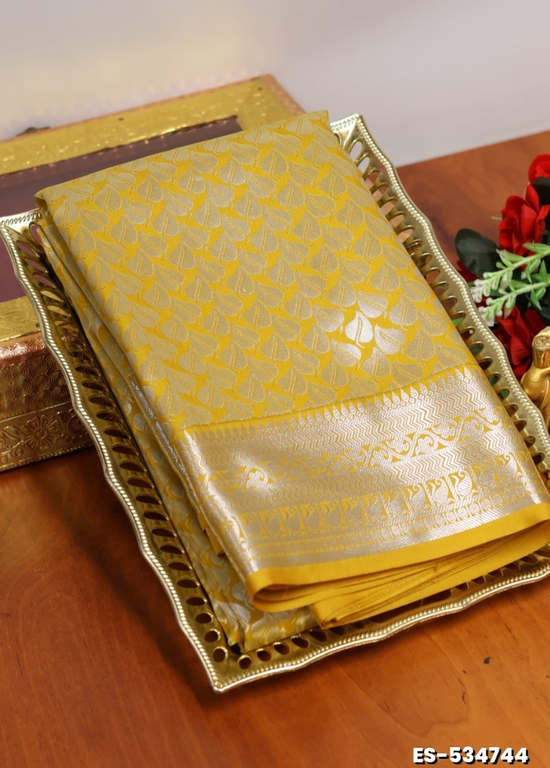 BRIDAL SILK GOLD SILVAR AND COPPER ZARI WEAVE AND WEDDING ART SILK SAREES - LIGHT YELLOW (1)