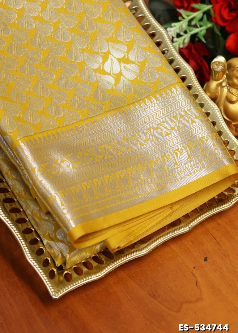 BRIDAL SILK GOLD SILVAR AND COPPER ZARI WEAVE AND WEDDING ART SILK SAREES - LIGHT YELLOW (1)