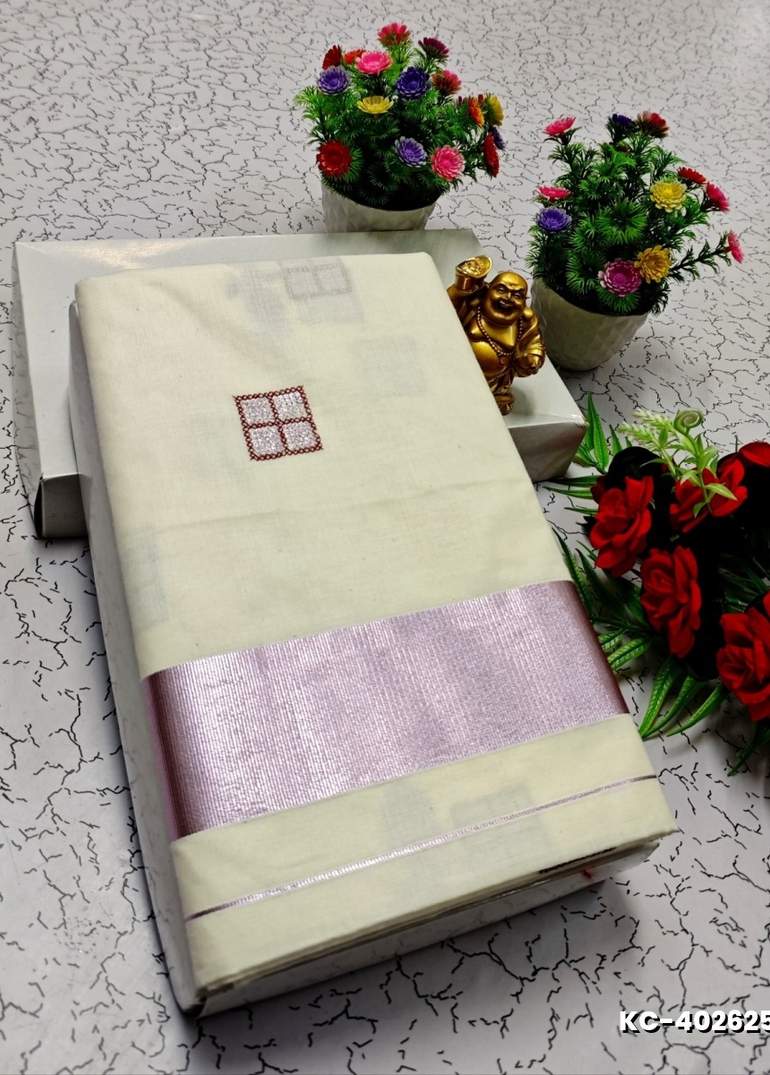 TRENDING KERALA SPECIAL FULL WORK EMBOSSED DIGITAL PRINTING COTTON SAREE COLLECTIONS - WHITE (76)