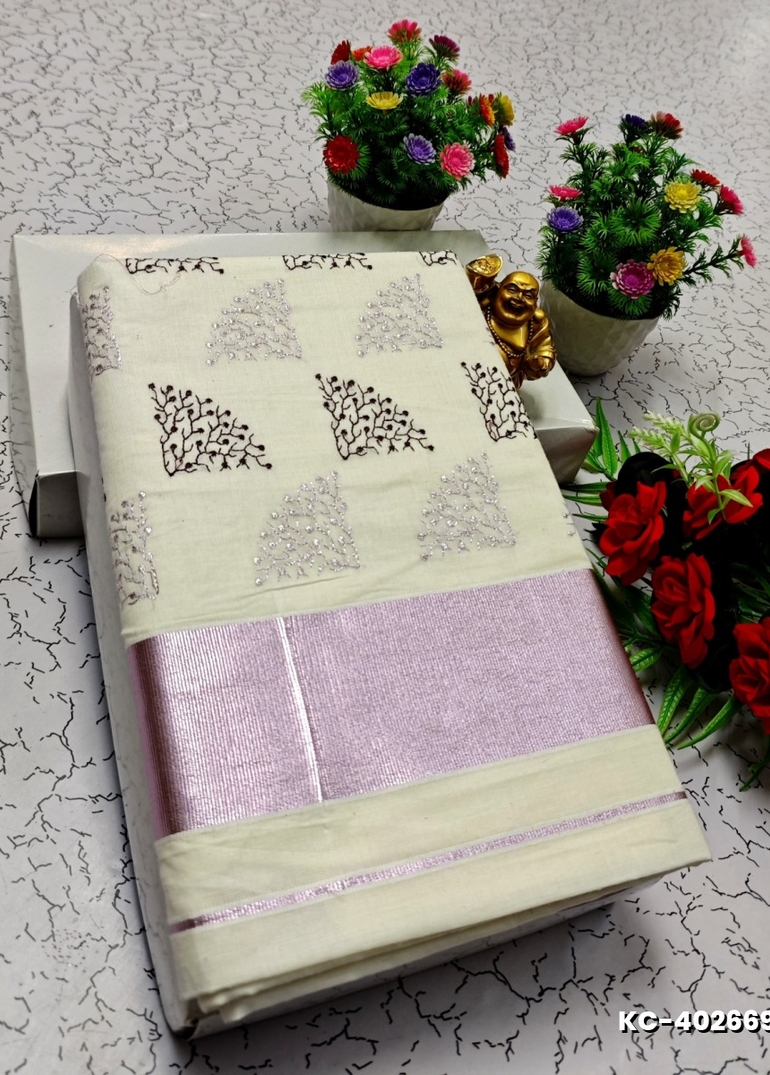 TRENDING KERALA SPECIAL FULL WORK EMBOSSED DIGITAL PRINTING COTTON SAREE COLLECTIONS - BEIGE COLOUR (67)