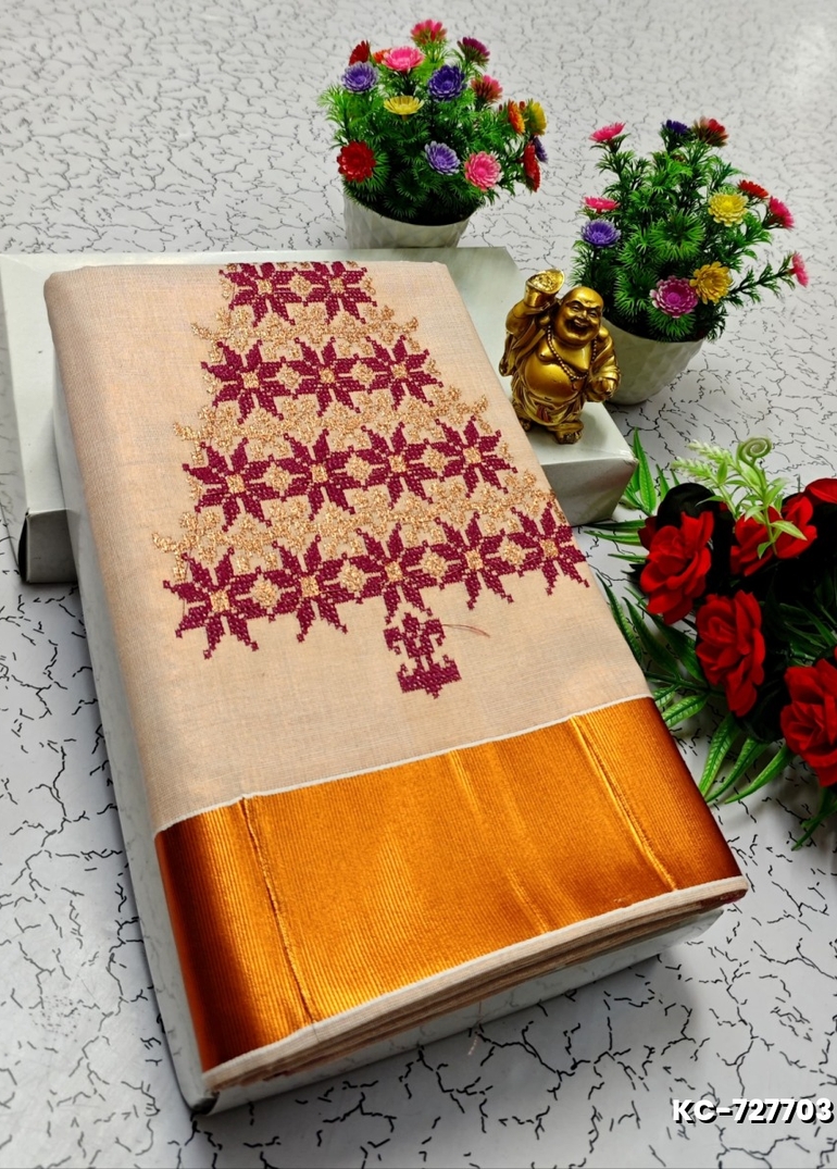 TRENDING KERALA SPECIAL FULL WORK EMBOSSED DIGITAL PRINTING TISSUE SAREE COLLECTIONS - GOLD (24)