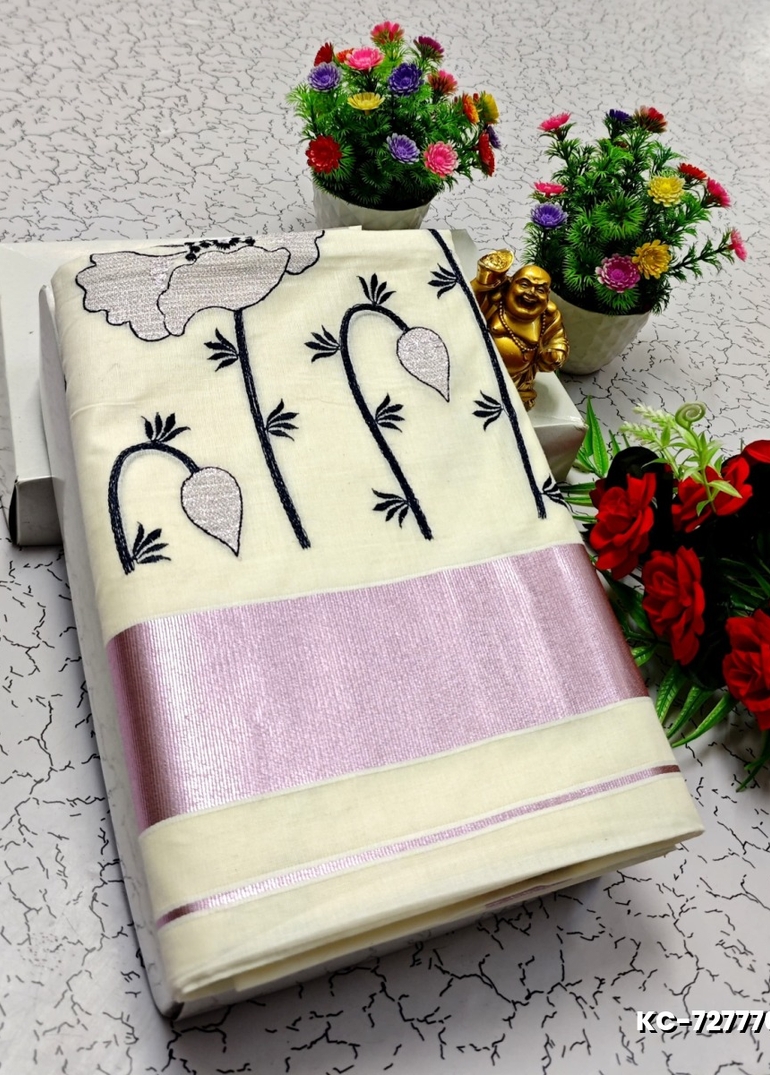 TRENDING KERALA SPECIAL FULL WORK EMBOSSED DIGITAL PRINTING COTTON SAREE COLLECTIONS - IVORY COLOUR (60)