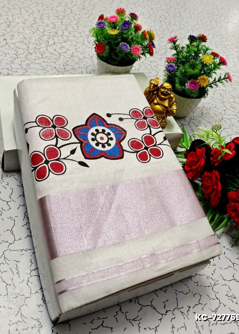 TRENDING KERALA SPECIAL FULL WORK EMBOSSED DIGITAL PRINTING TISSUE SAREE COLLECTIONS - BEIGE COLOUR (68)