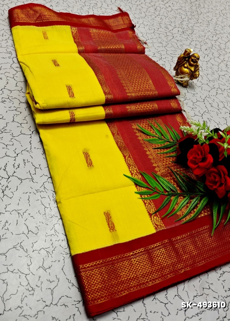 TRENDING DIGITAL EMBROIDERY ZARI WORK KALIYANI COTTON SAREES- YELLOW