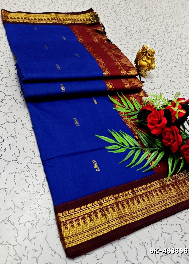 TRENDING DIGITAL EMBROIDERY ZARI WORK KALIYANI COTTON SAREES- R BLUE