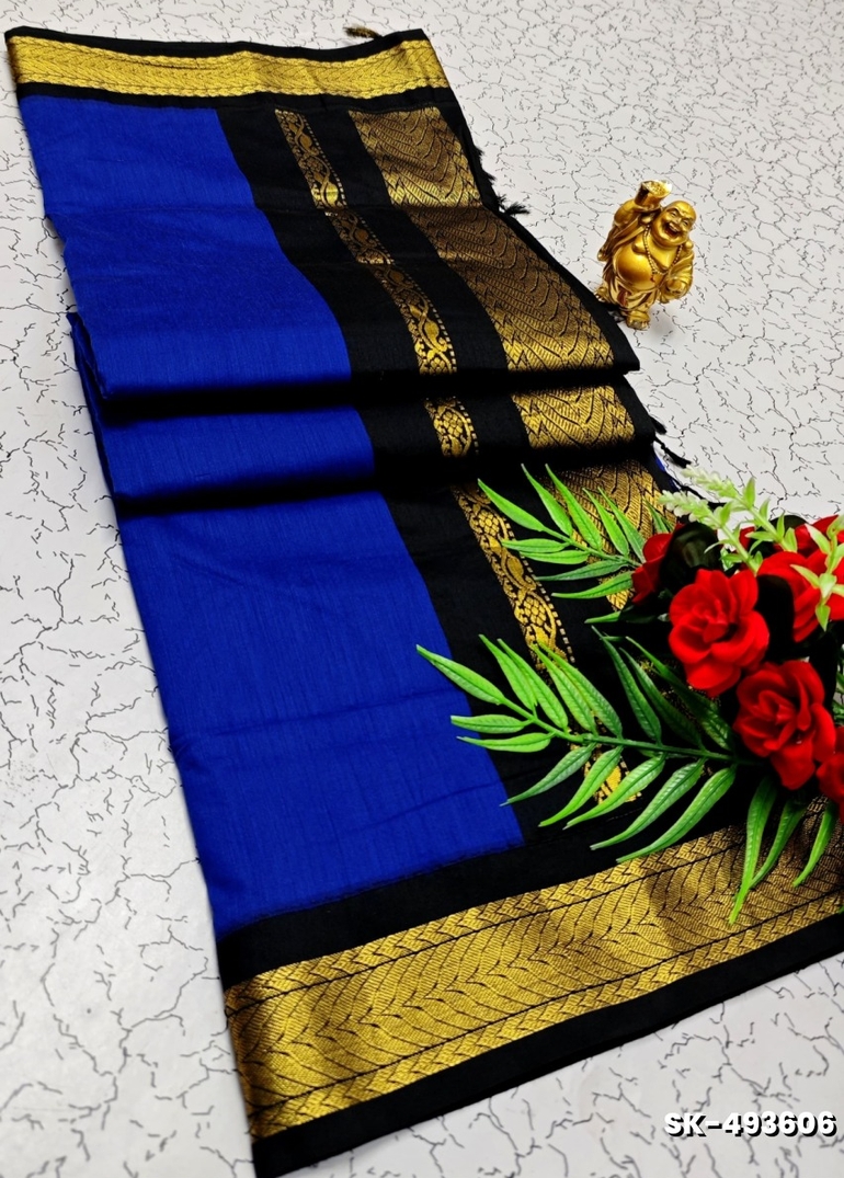 TRENDING DIGITAL EMBROIDERY ZARI WORK KALIYANI COTTON SAREES- ROYAL BLUE