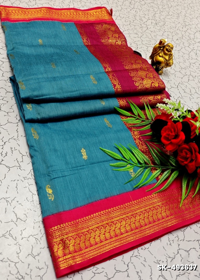 TRENDING DIGITAL EMBROIDERY ZARI WORK KALIYANI COTTON SAREES - LIGHT BLUE