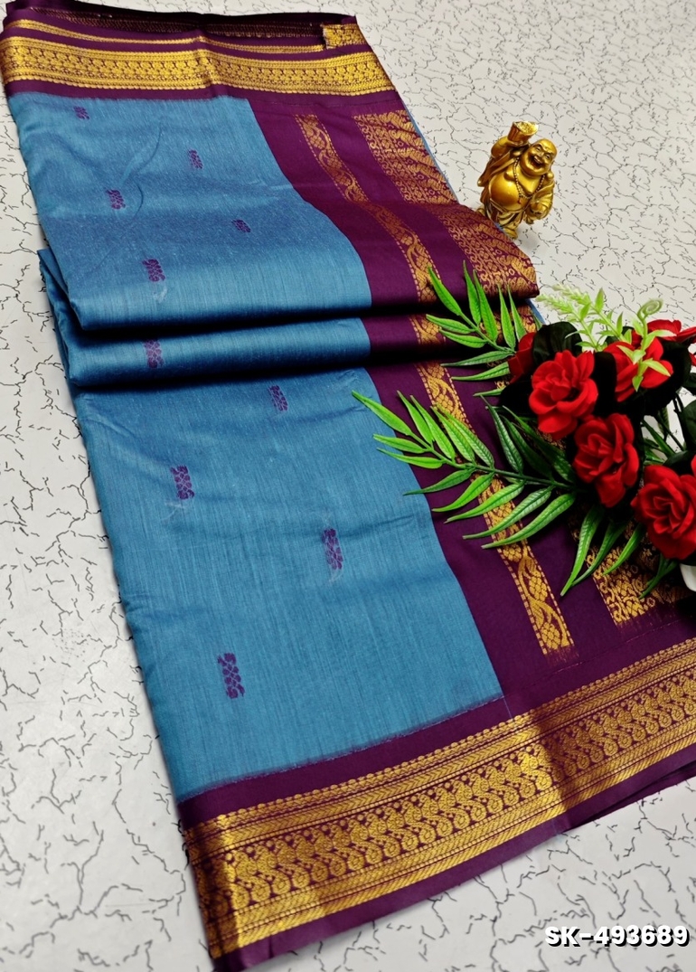 TRENDING DIGITAL EMBROIDERY ZARI WORK KALIYANI COTTON SAREES - BLUE COLOUR