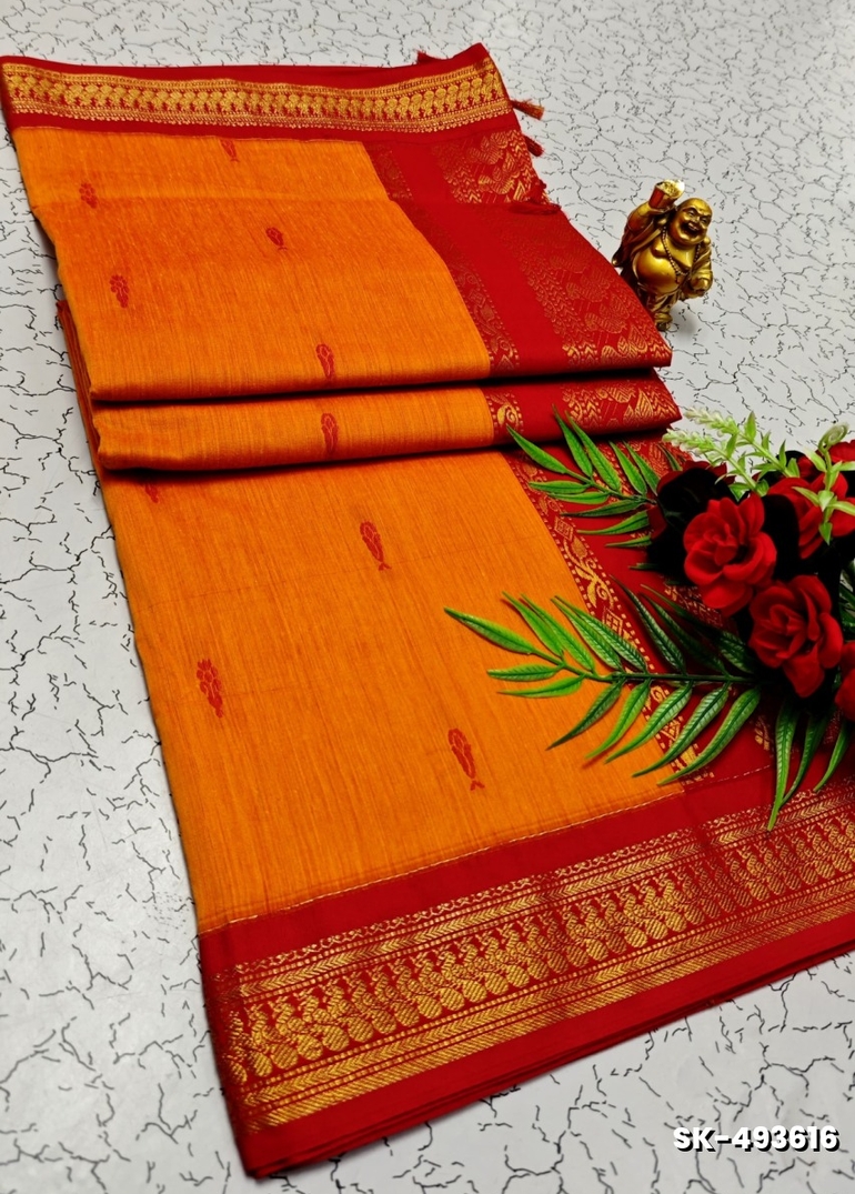TRENDING DIGITAL EMBROIDERY ZARI WORK KALIYANI COTTON SAREES- ORANGE