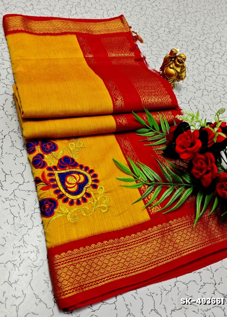 TRENDING DIGITAL EMBROIDERY ZARI WORK KALIYANI COTTON SAREES - YELLOW COLOR