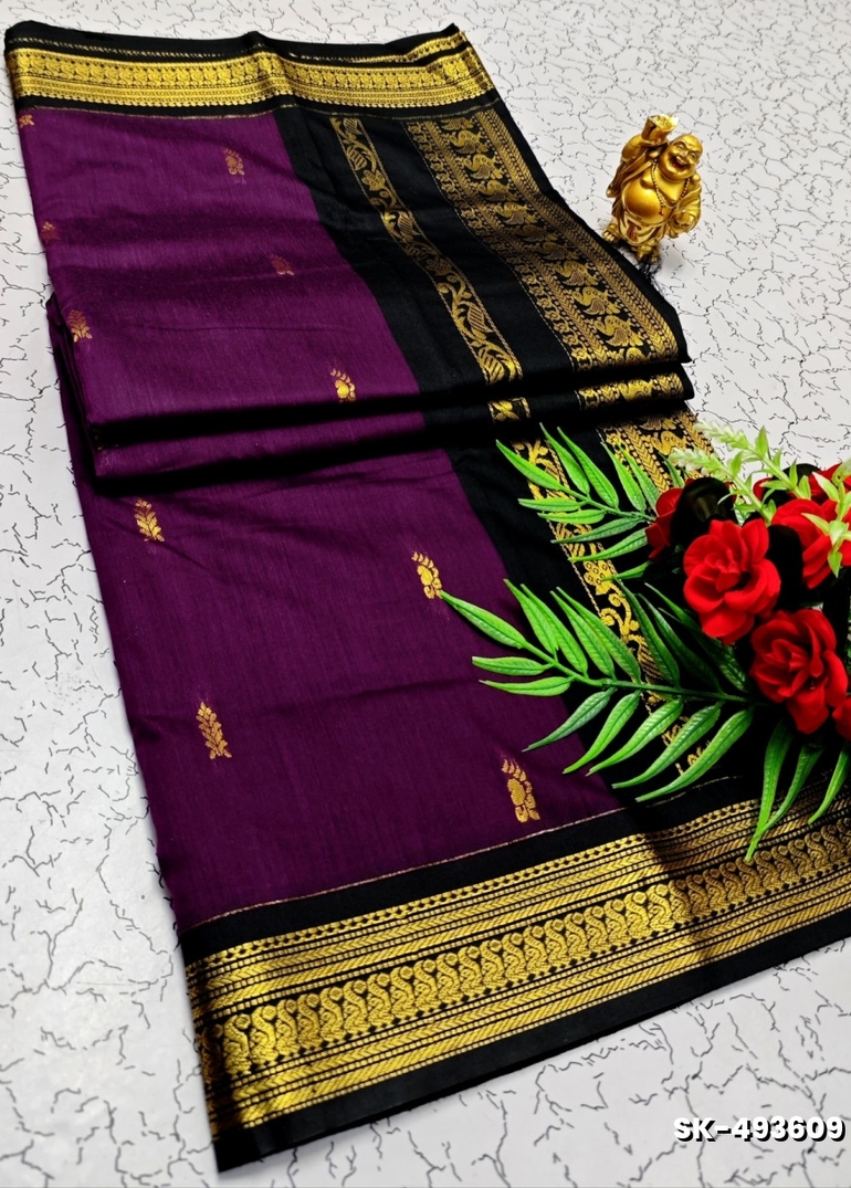 TRENDING DIGITAL EMBROIDERY ZARI WORK KALIYANI COTTON SAREES- PURPLE COLOUR