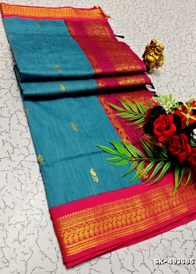 TRENDING DIGITAL EMBROIDERY  WORK KALIYANI COTTON SAREES - BLUE SHADE