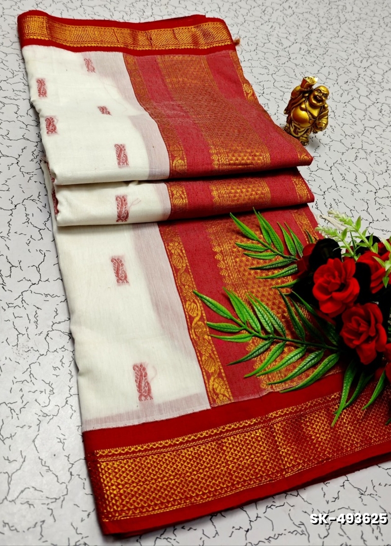 TRENDING DIGITAL EMBROIDERY ZARI WORK KALIYANI COTTON SAREES - WHITE