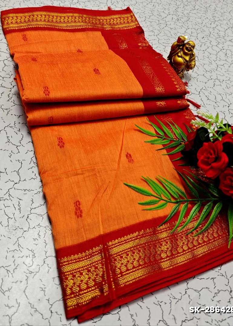 TRENDING DIGITAL EMBROIDERY ZARI WORK  KALIYANI COTTON SAREES FESTIVAL WEAR - ORANGE N