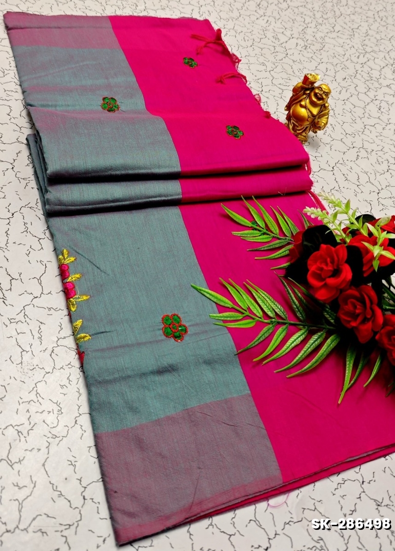 TRENDING DIGITAL EMBROIDERY ZARI WORK  KALIYANI COTTON SAREES FESTIVAL WEAR - LITE TEAL