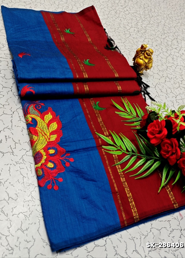 TRENDING DIGITAL EMBROIDERY ZARI WORK KALIYANI COTTON SAREES - ROYAL BLUE