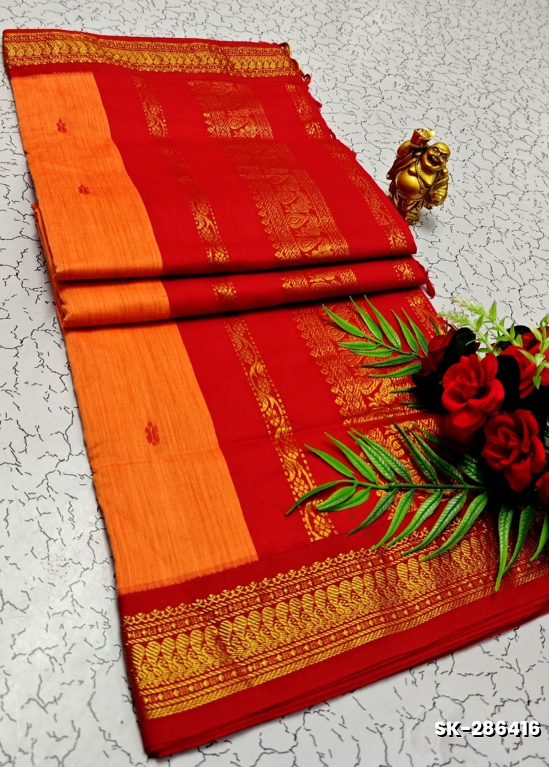 TRENDING DIGITAL EMBROIDERY ZARI WORK KALIYANI COTTON SAREES - ORANGE
