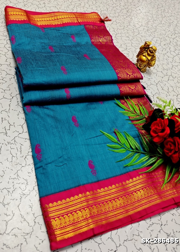 TRENDING DIGITAL EMBROIDERY ZARI WORK KALIYANI COTTON SAREES - BLUE SHADE