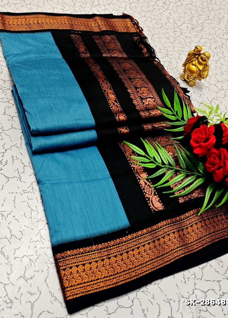 TRENDING DIGITAL EMBROIDERY WORK KALIYANI COTTON SAREES - BLUE COLOUR
