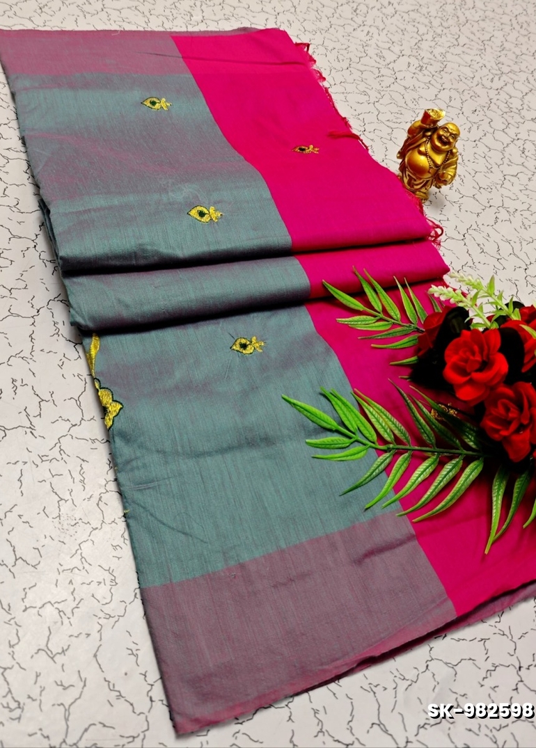 TRENDING DIGITAL EMBROIDERY ZARI WORK  KALIYANI COTTON SAREES FESTIVAL WEAR - LITE TEAL (1)