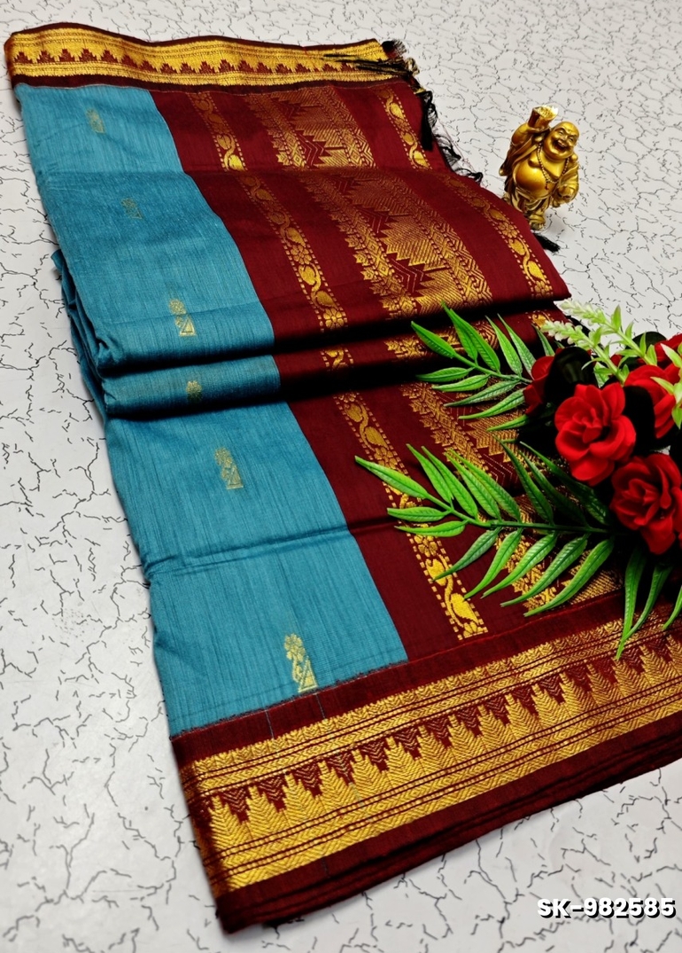 TRENDING DIGITAL EMBROIDERY ZARI WORK  KALIYANI COTTON SAREES FESTIVAL WEAR - BLUE SHADE (1)