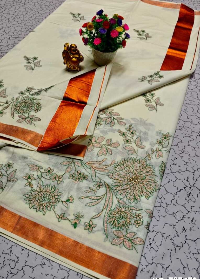 TRENDING KERALA SPECIAL FULL WORK EMBOSSED DIGITAL PRINTING COTTON SAREE COLLECTIONS - IVORY COLOUR (57)