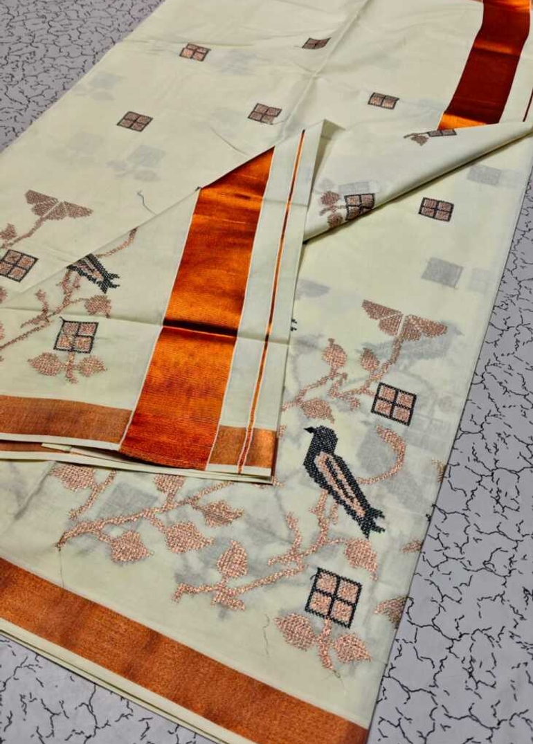 TRENDING KERALA SPECIAL FULL WORK EMBOSSED DIGITAL PRINTING COTTON SAREE COLLECTIONS - BEIGE COLOUR (65)
