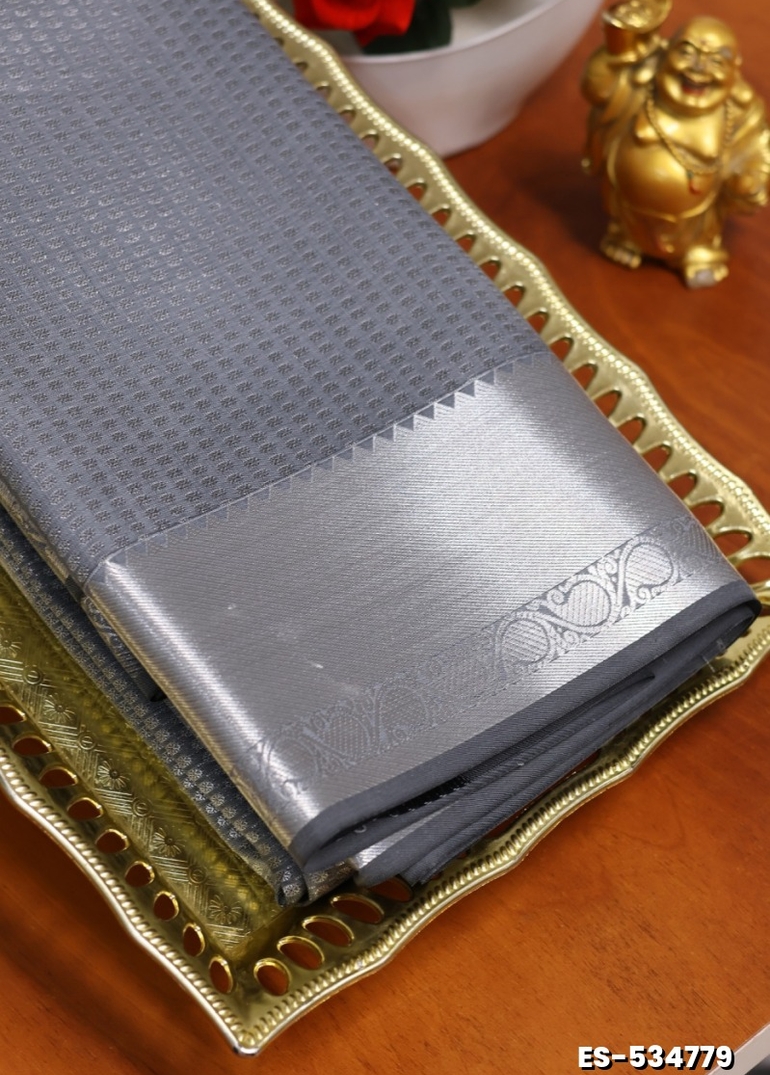 BRIDAL SILK GOLD SILVAR AND COPPER ZARI WEAVE AND WEDDING ART SILK SAREES - SLATE COLOUR