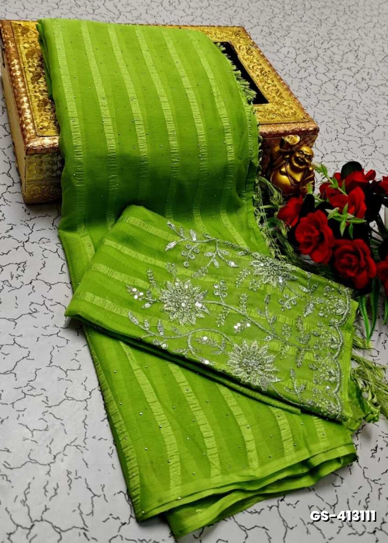 GEORGETTE FANCY SOFT SILK SAREES WITH BLOUSE MODERN FANCY ITEM SAREES - PARET GREEN