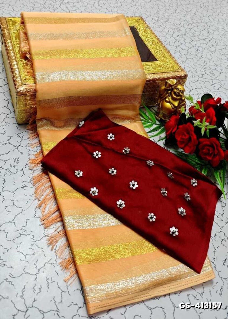 GEORGETTE FANCY SOFT SILK SAREES WITH BLOUSE MODERN FANCY ITEM SAREES - LIGHT ORANGE