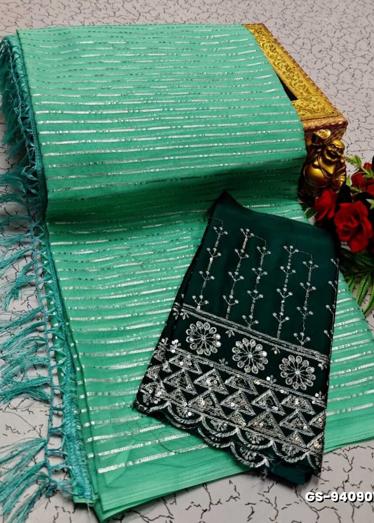 GEORGETTE FANCY SOFT SILK SAREES WITH BLOUSE MODERN FANCY ITEM SAREES - TEAL COLOUR (1)