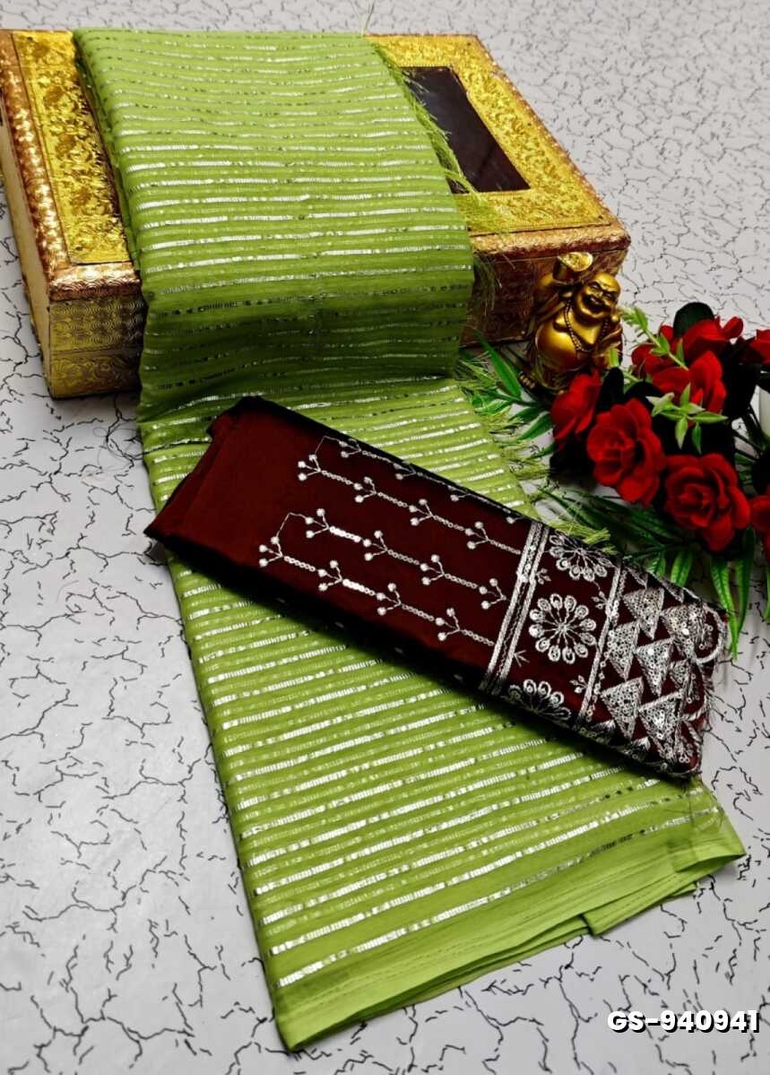 GEORGETTE FANCY SOFT SILK SAREES WITH BLOUSE MODERN FANCY ITEM SAREES - LIGHT GREEN (1)