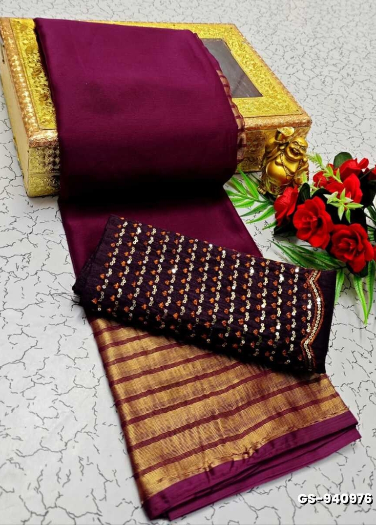 GEORGETTE FANCY SOFT SILK SAREES WITH BLOUSE MODERN FANCY ITEM SAREES - PLUM COLOUR (1)
