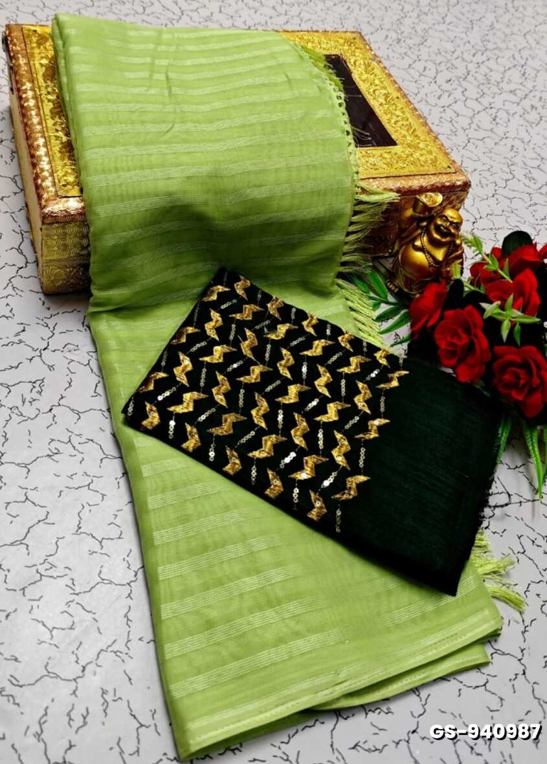 GEORGETTE FANCY SOFT SILK SAREES WITH BLOUSE MODERN FANCY ITEM SAREES - FLORAISON GREEN (1)
